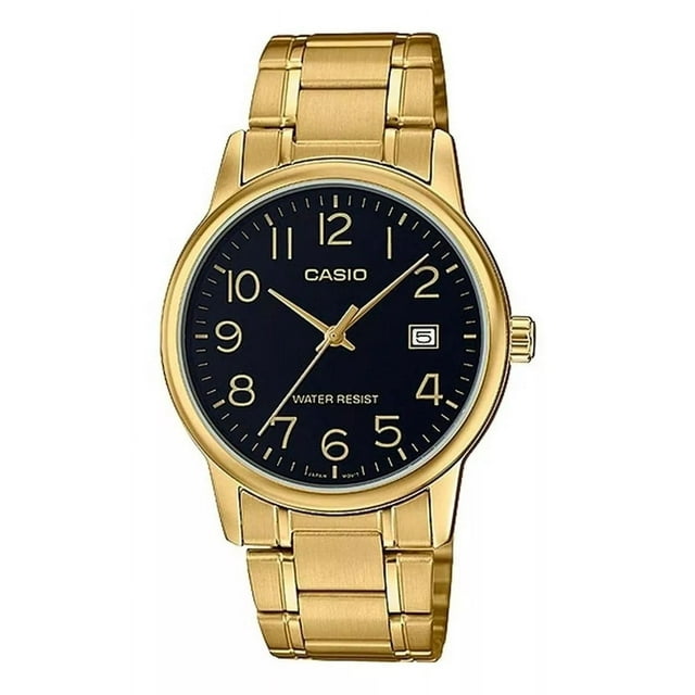 Reloj Casio Mtpv002 G1b Hombre Dorado Negro Fechador Full Correa MTP-V002G-1B