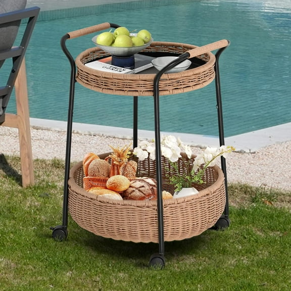 Outdoor Bar Cart, 2 Tier Rolling Patio Cart, Utility Rattan Storage Cart with 4 Wheels, Metal Frame and Table Top, for Garden Swimming Pool Living Room Club, Round