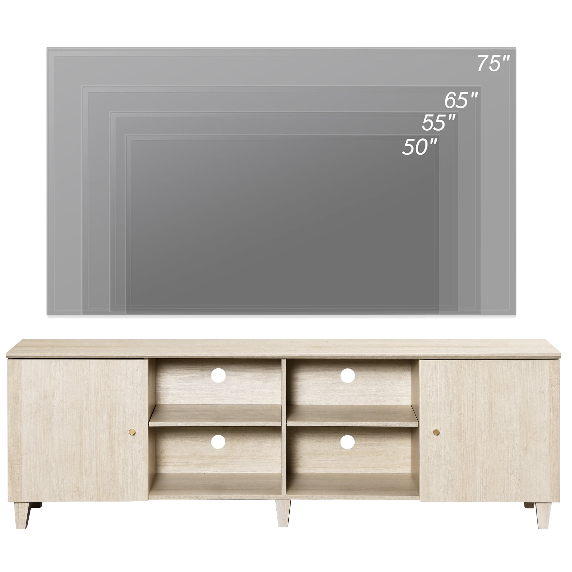 71" Wide TV Stand Cabinet for 75+ Inches TVs, Modern Wood Low Media Console with Door & Shelves, White Oak
