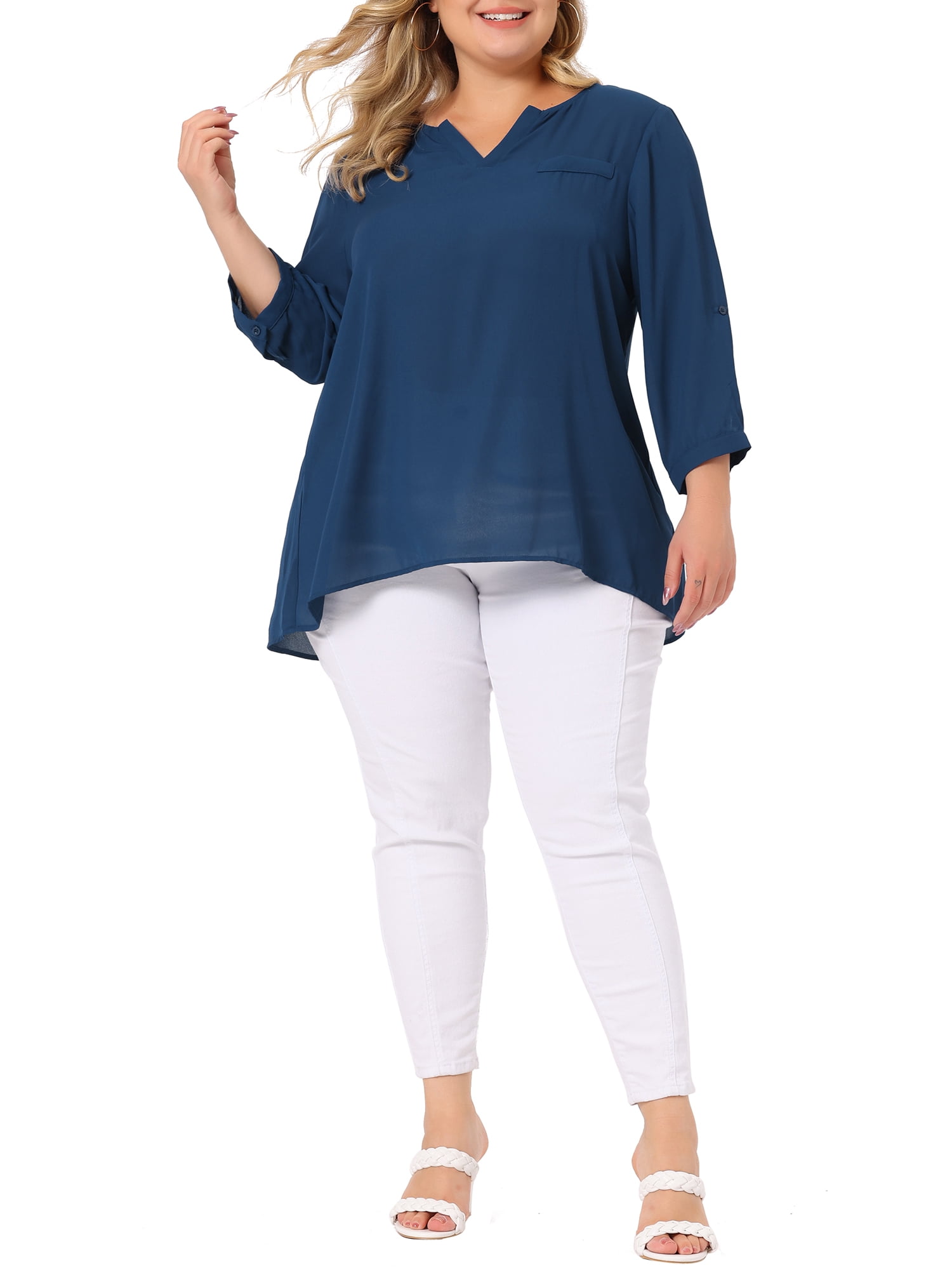 Unique Bargains Women's Plus Size V Neck High Elbow Sleeves Blouse 1X Blue