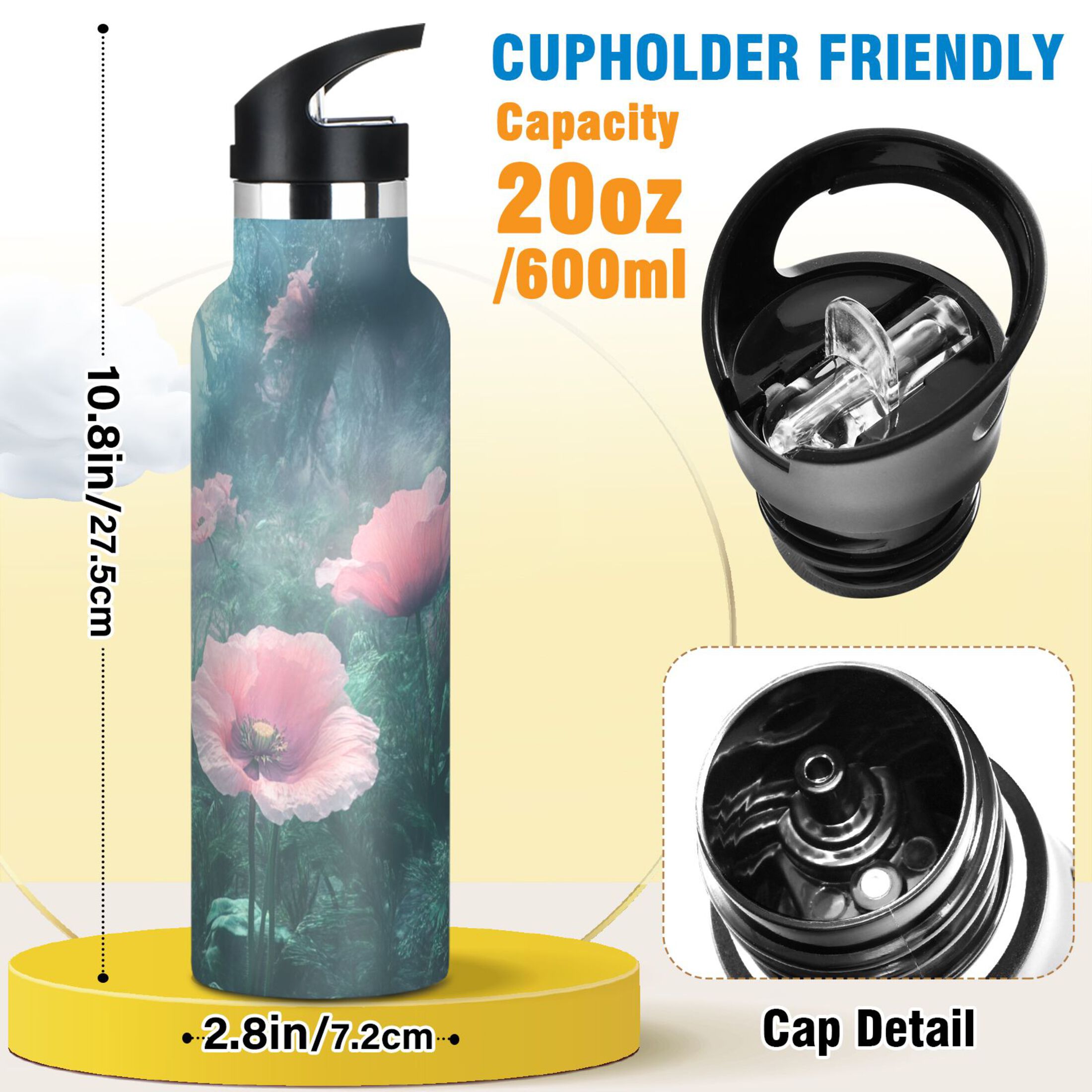 Kids Insulated Stainless Steel Sports Water Bottle 600ml (20oz) Surreal Garden