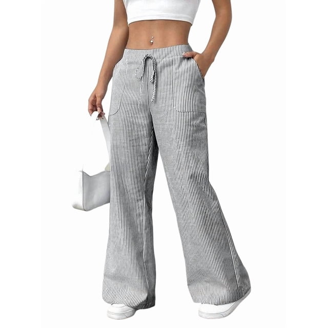 Pantalones de Salón A Rayas de Pierna para Mujer, Cintura Elástica y Bolsillos Gris XXL