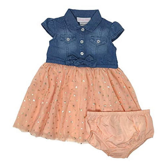 Bonnie Baby Girls' Chambray Dress (0-3 Months, Peach Stars)