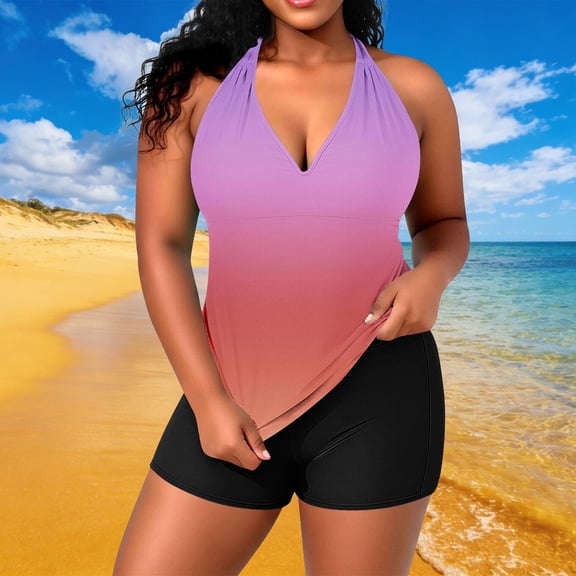 BRGZLK Plus Size Tankini Swimsuits For Women Casual Two Piece Bathing Suits Strap Neck Style with Shorts Sporty Swimwear