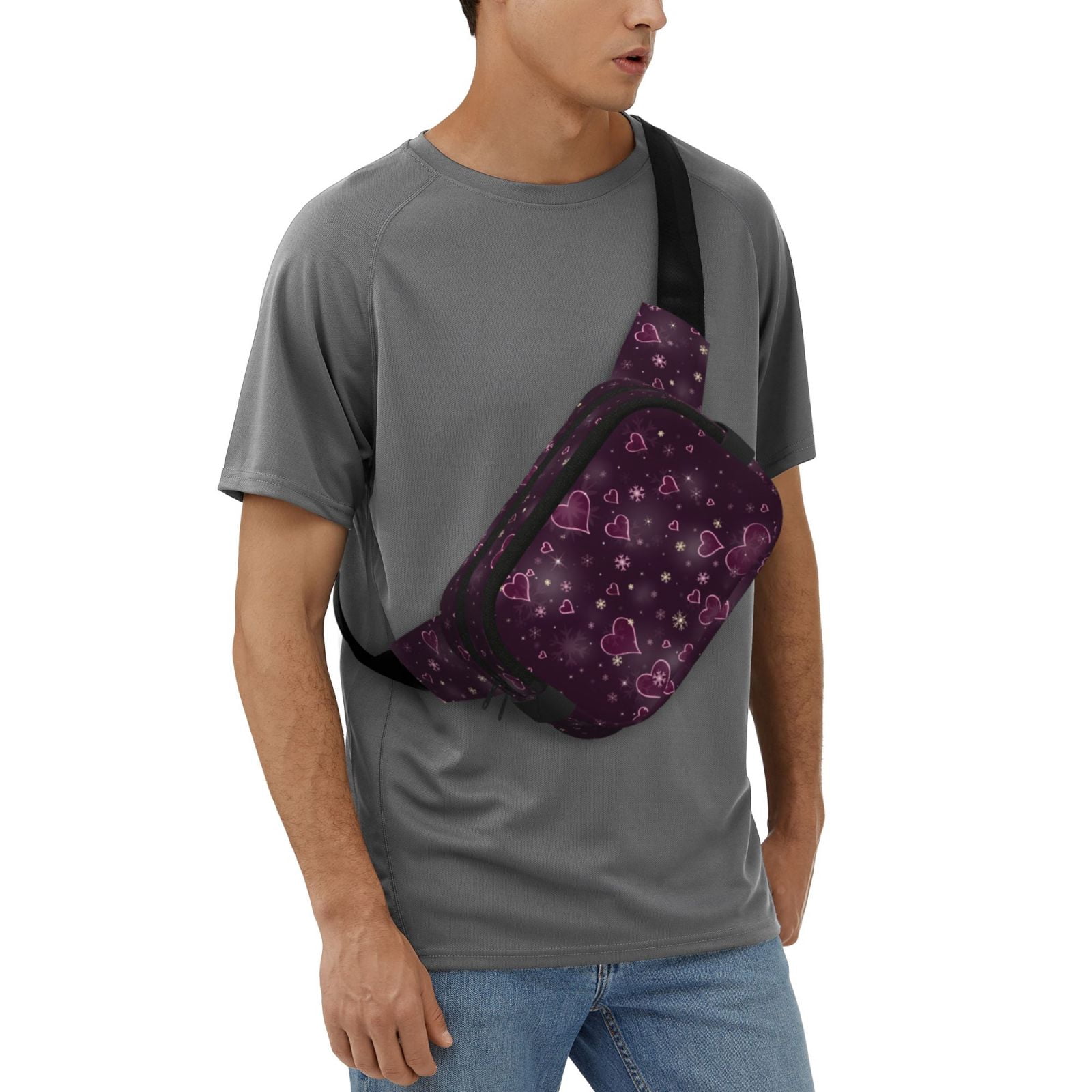 Picia Snowflakes and Hearts Print Square Double-Layer Waist Bag Mini Adjustable Waist Belt Bag Exercise Running Travel Hiking