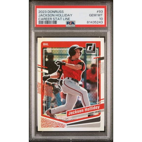 Graded 2023 Panini Donruss Jackson Holliday #93 Career Stat Line Rookie RC Baseball Card PSA 10 Gem Mint