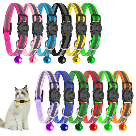 AOWOO Upgraded Version - 12 Pack Reflective Cat Collar with Bell, Solid & Safe Collars for Cats, Nylon, Mixed Colors, Safety Buckle Kitten Collar, Breakaway Cat Collar for Girl Cats Male Cats
