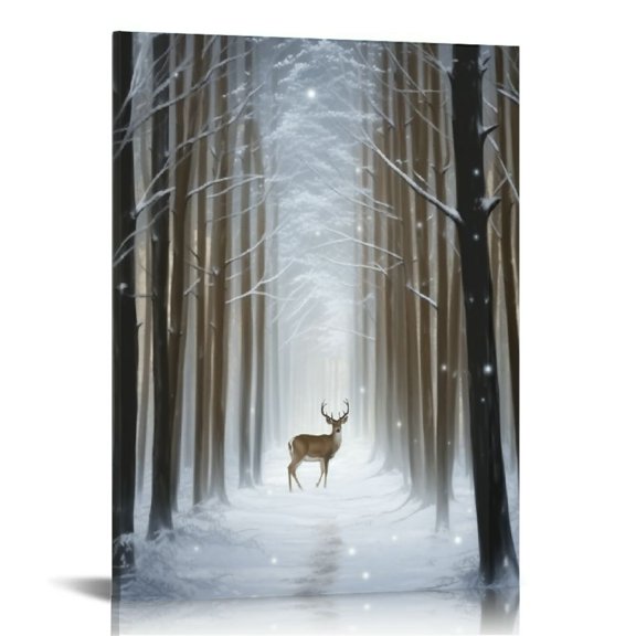 Acheng Nature Canvas Wall Art - Elk in Winter Woods Landscape Picture-Winter Panoramic Artwork - Large for Home Office Living Room Bedroom Christmas Wall Decor 12x16 in
