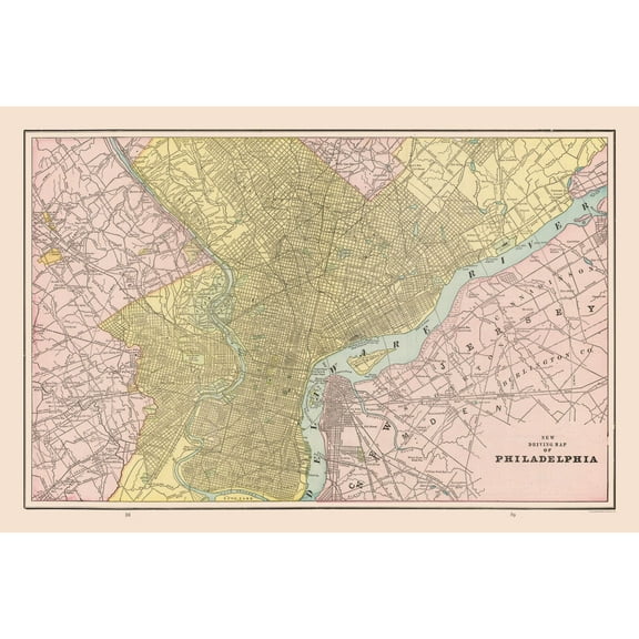 Historic City Map - Philadelphia Pennsylvania - Cram 1892 - 34.49 x 23 - Vintage Wall Art
