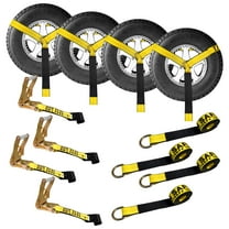 Mega Cargo Control USA 4 Pack 2" x 10' Side Mount Wheel Net Tie Down w/ Ratchet Lasso Strap Flat Hook WLL: 3333 lbs Yellow