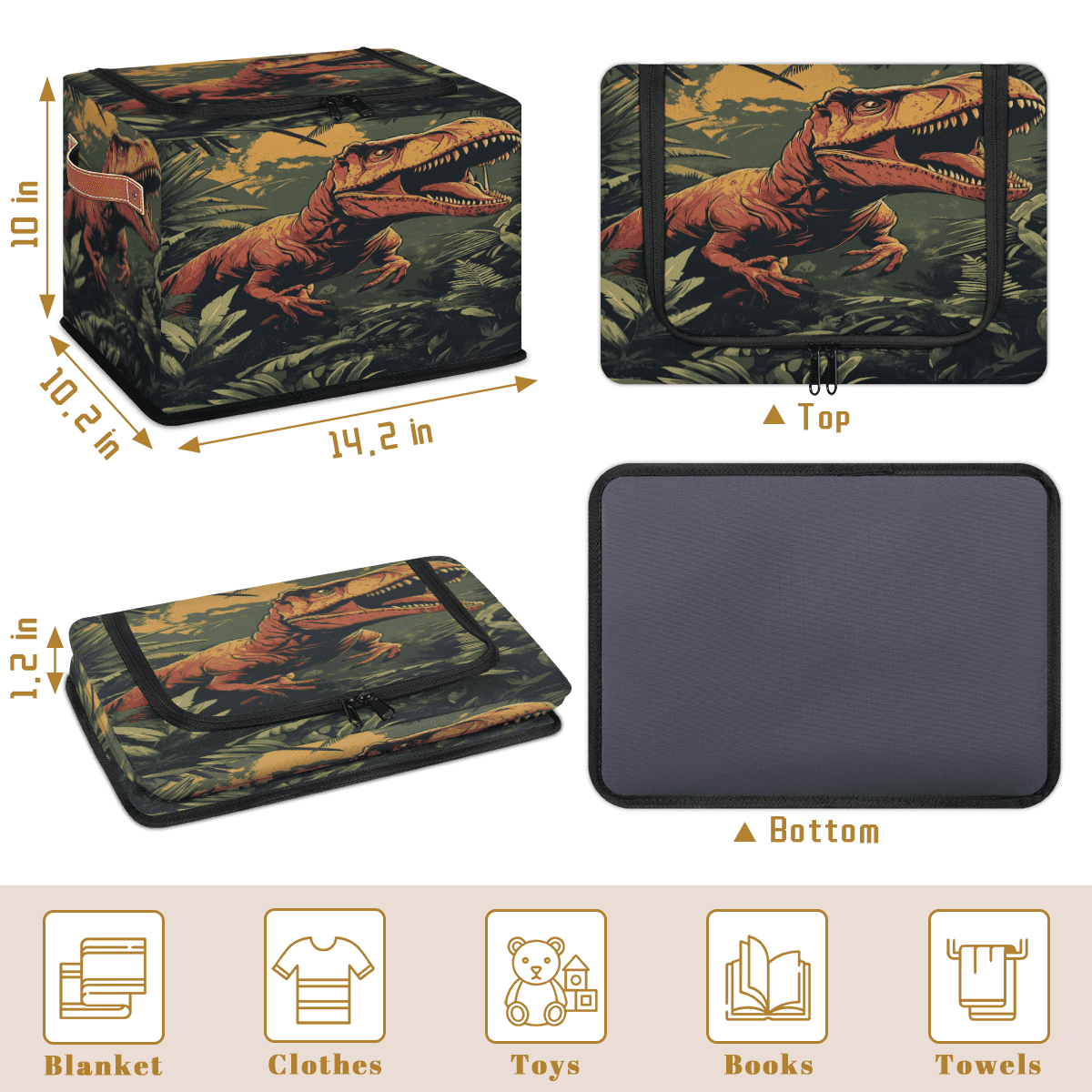 ADECORIVY Tropical Dinosaur Fabric Storage Bin with Lid, Decorative Closet Shelf Organizers, Tyrannosaurus Rex Foldable Basket Box Clothes Storage Bin with Handles