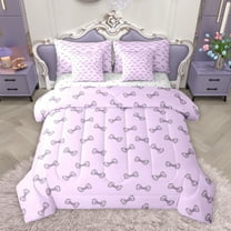 Homewish Purple Princess Bow-tie Bedding Comforter Set 7 Pieces, Kawaii Cartoon Bowknot Full Bedding Set, Teens Kids Girls Women Reversible Fitted Sheet Flat Sheet, Lightweight Room Decor