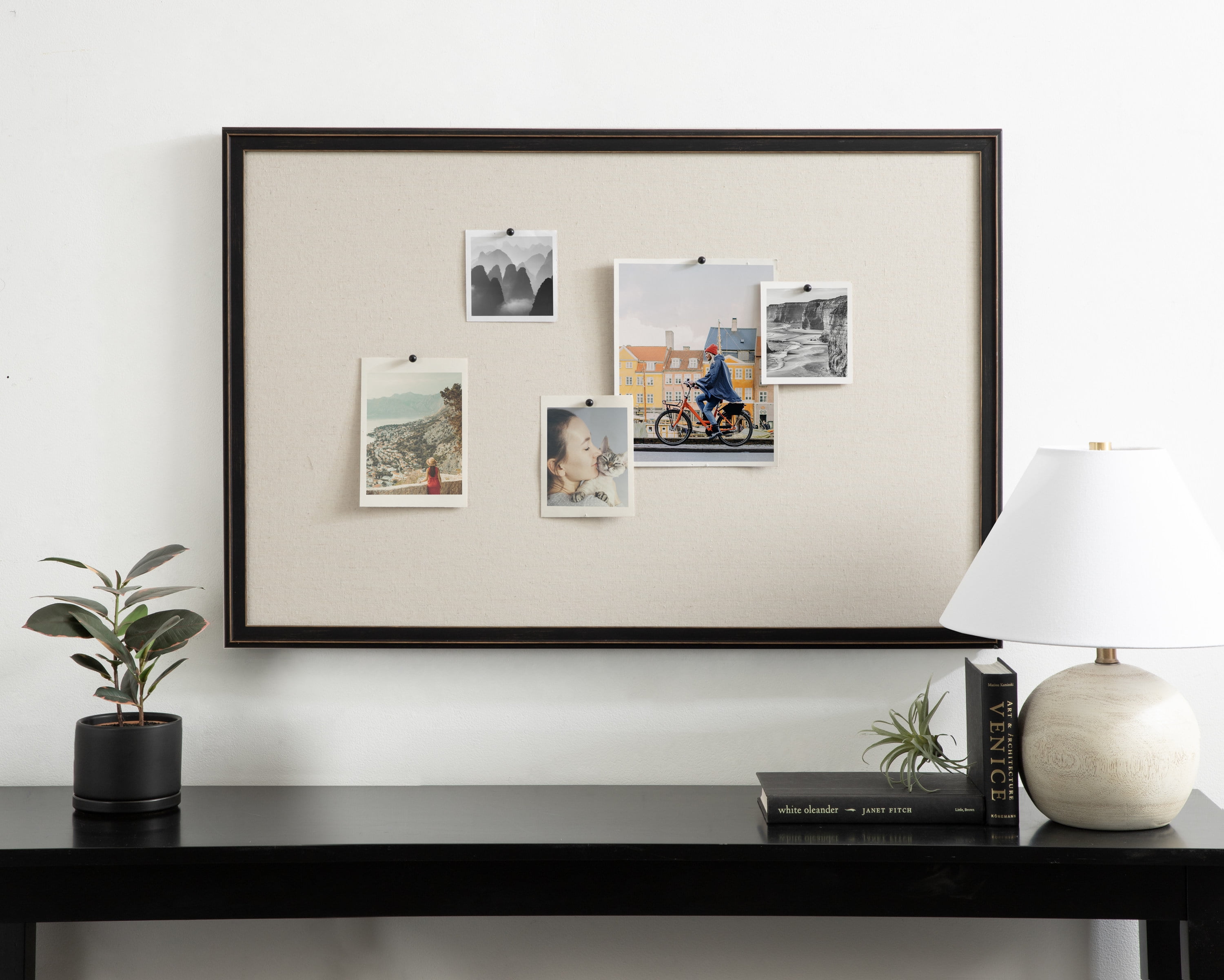 Kate and Laurel Oakhurst Rectangle Framed Linen Fabric Pinboard, 24 x 36, Distressed Black, Traditional Decorative Bulletin Board with Stepped Profile and Lightly Distressed Finish