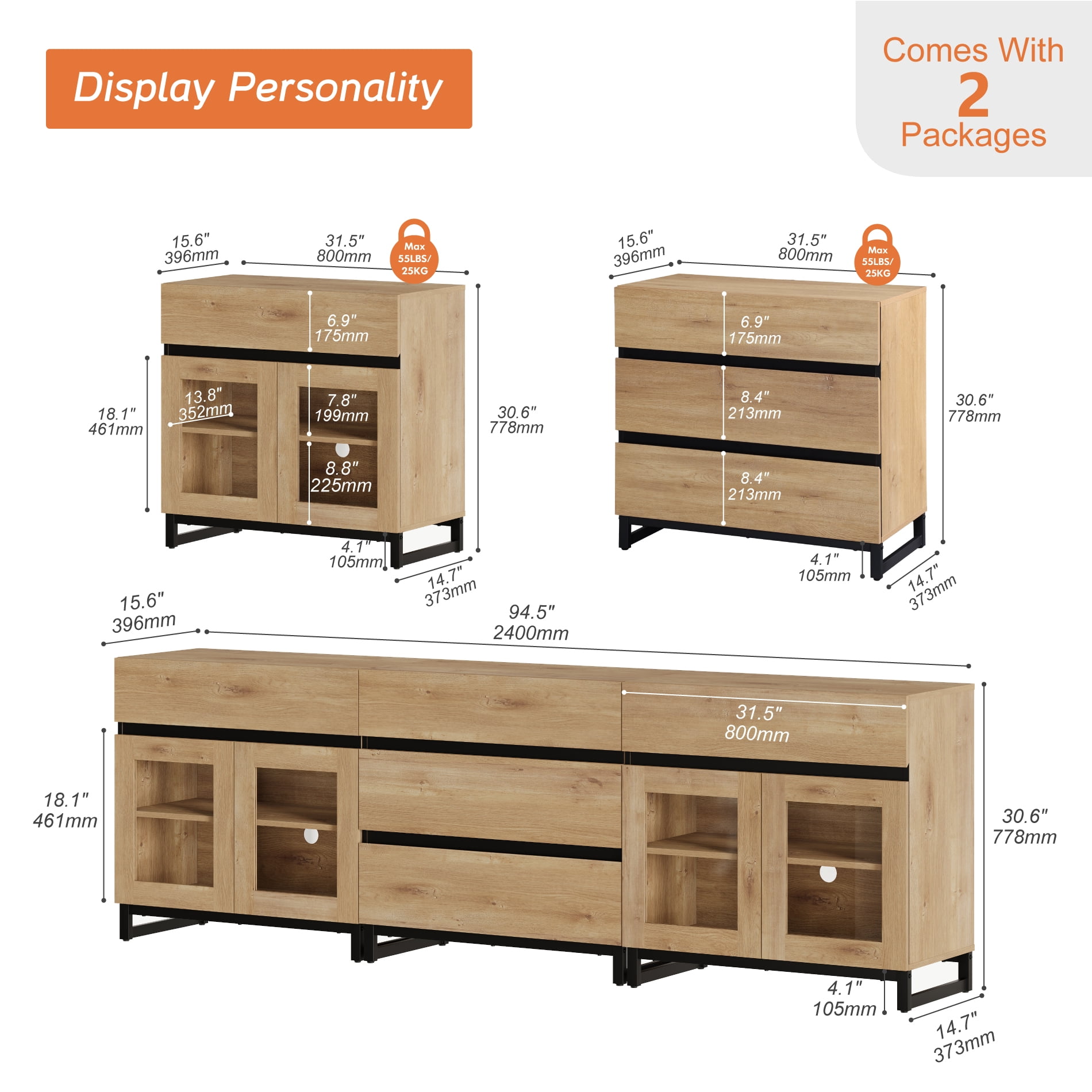 3 In 1 Sideboard Buffet Cabinets With Glass Doors And 5 Drawers, Modern Sideboard Credenza With Adjustable Shelf And Metal Base, Coffee Bar Cabinet Storage Cabinet For Living Room, Kitchen