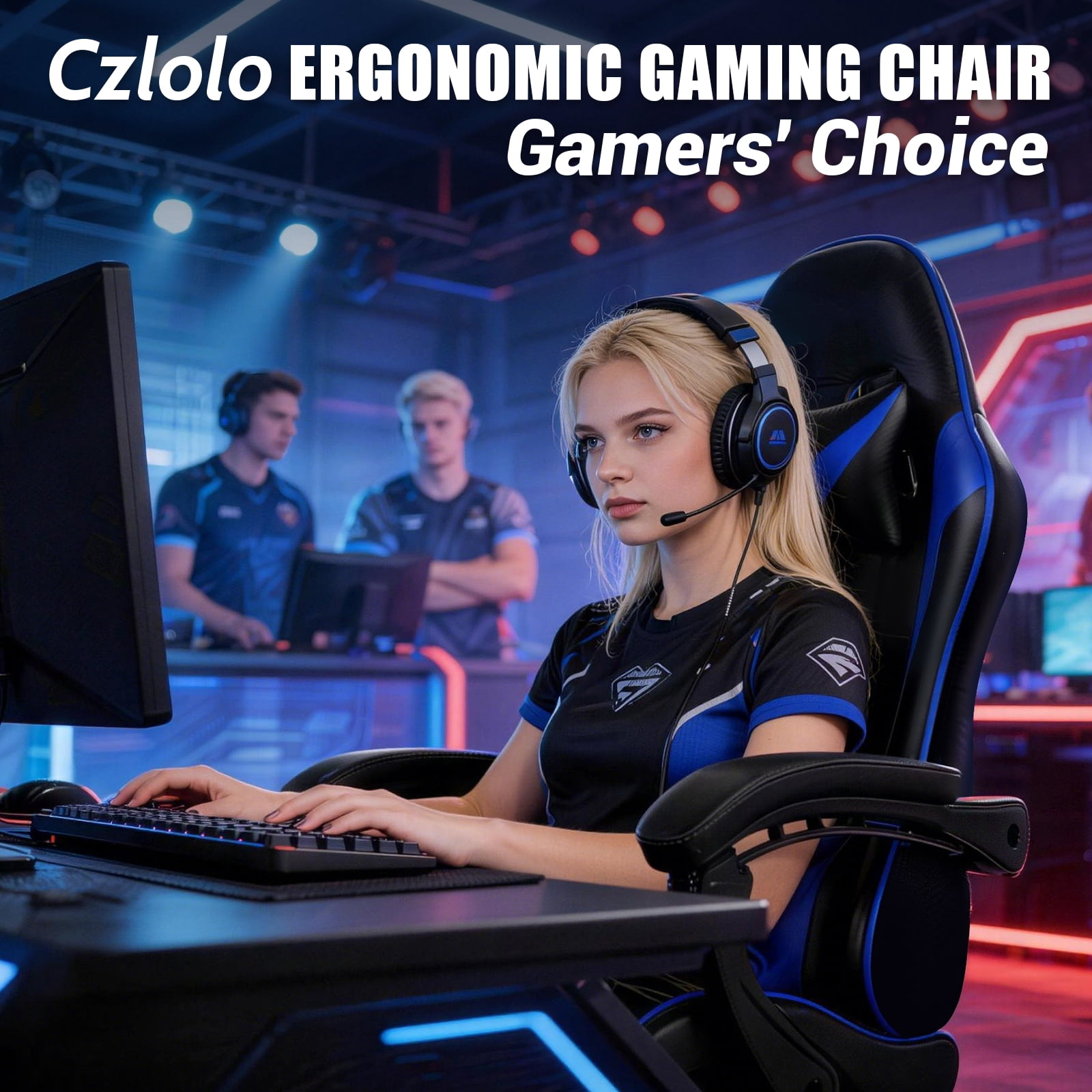 Czlolo Gaming Chair, Lumbar Massager Game Chairs, High Back Reclining, with Headrest Gamer Office Chair.(Blue)