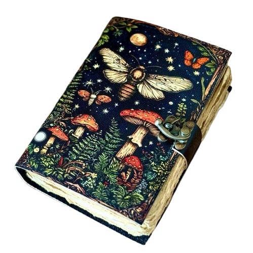 Handmade Leather Journal with Moth & Mushroom Forest Artwork – 5x7 Inch Vintage Notebook with 200 Deckle Paper Pages, Antique Clasp, Cottagecore Writing Diary