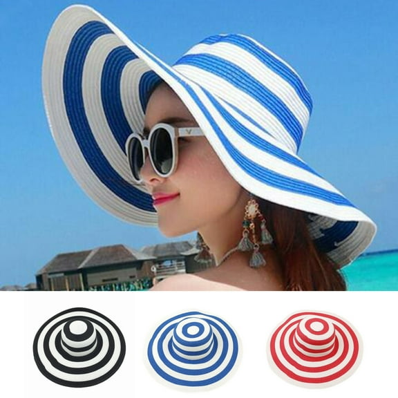 Cheers.US Women Stripe Straw Hat Wide Brim Sun Hat Foldable Summer Beach Caps Gift for Mom Wife Girlfriend