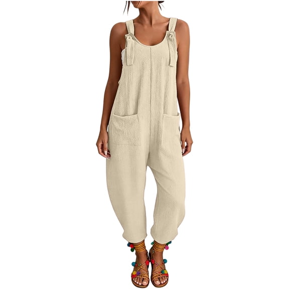 UDAUDU Womens Rompers Casual Dressy Jumpsuits Loose Fit Sleeveless Baggy Harem Pants Romper Jumpers Summer Outfits Beige L