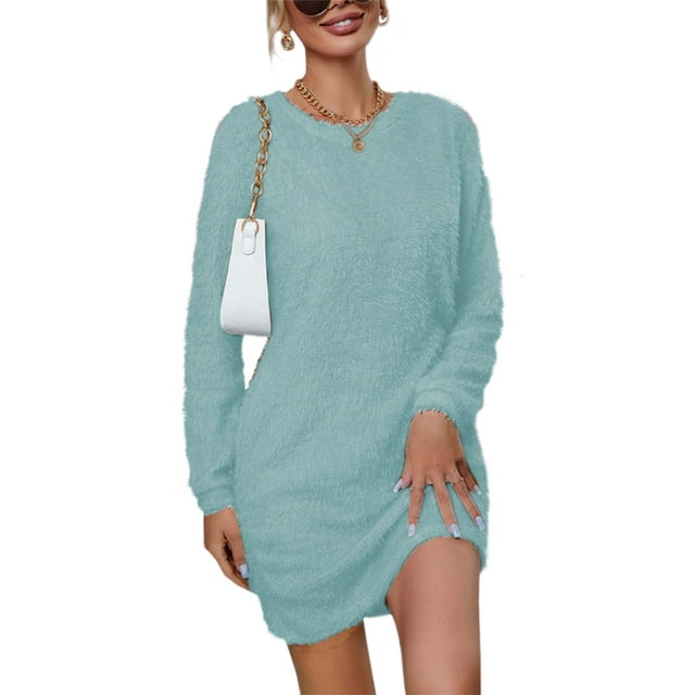 LUXUR Robe Chandail pour Femmes Chandail en Peluche Chandail à Manches Longues Mini Robes Ample en Molleton Bleu Pâle L