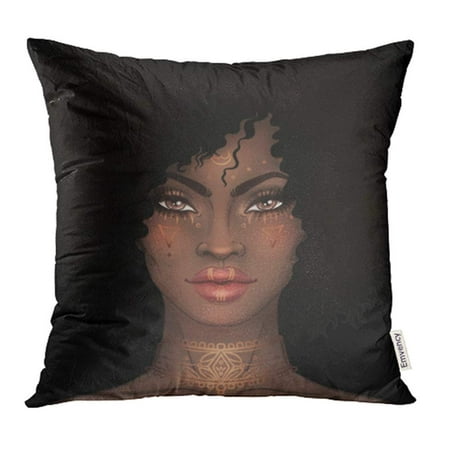 CMFUN African American Pretty Girl Raster Black Woman Gold Tattoos Face Paint Pillowcase Cushion Cover 18x18