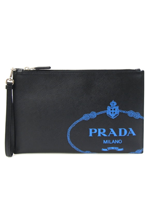 Pre-Owned Prada clutch bag in black and blue leather with strap pouch for men. (Good)