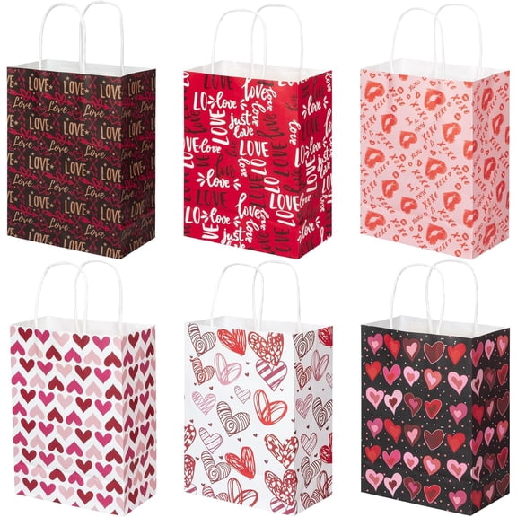 12 Pack Valentine's Day Paper Gift Bags with Handle, 6 Styles Valentines Day Kraft Paper Wrapping Bags for Gift Exchange, Valentines Party Favors Bags for Valentine Party Supplies