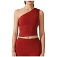 thumbnail image 3 of AGWOLF Women's Off the Shoulder Tank Tops Slim Fit Runched Yoga Top with Build in Bra Sleeveless Cropped Cami Summer Basic Tees Red XL, 3 of 5