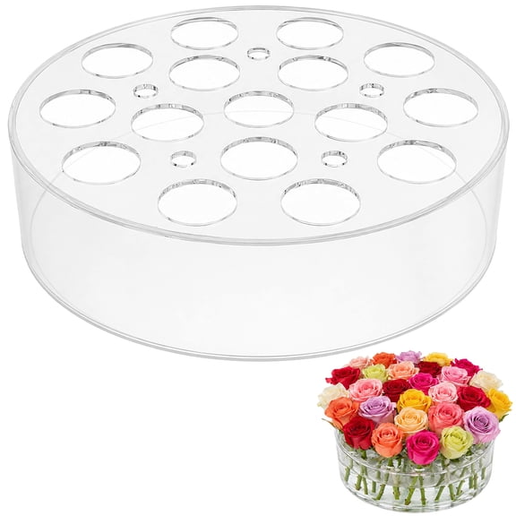 Acrylic Flower Vase with Holes, 7.9 x 2.5 in Clear Flower Vase for Centerpieces, Low-Profile Cylinder Floral Centerpiece with Lift-Off Lid, Leak-Proof Circular Floral Arranger for Wedding Table