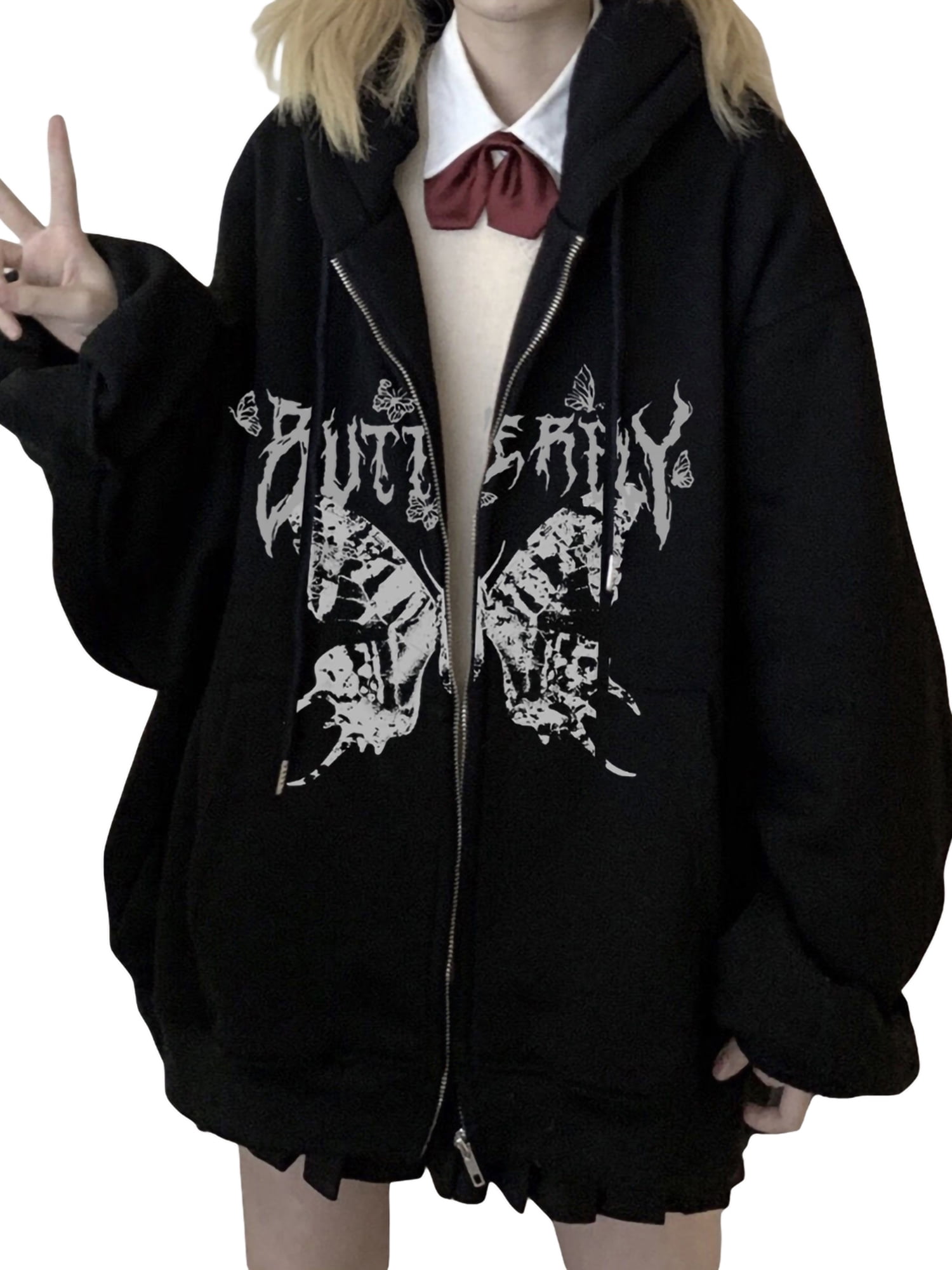 CenturyX Women Hoodie Zip Up Fairy Grunge Style Long Sleeve Sweatshirt  Gothic Alt Punk Hip Hop Indie Girls Streetwear Black Butterfly XL -  Walmart.com