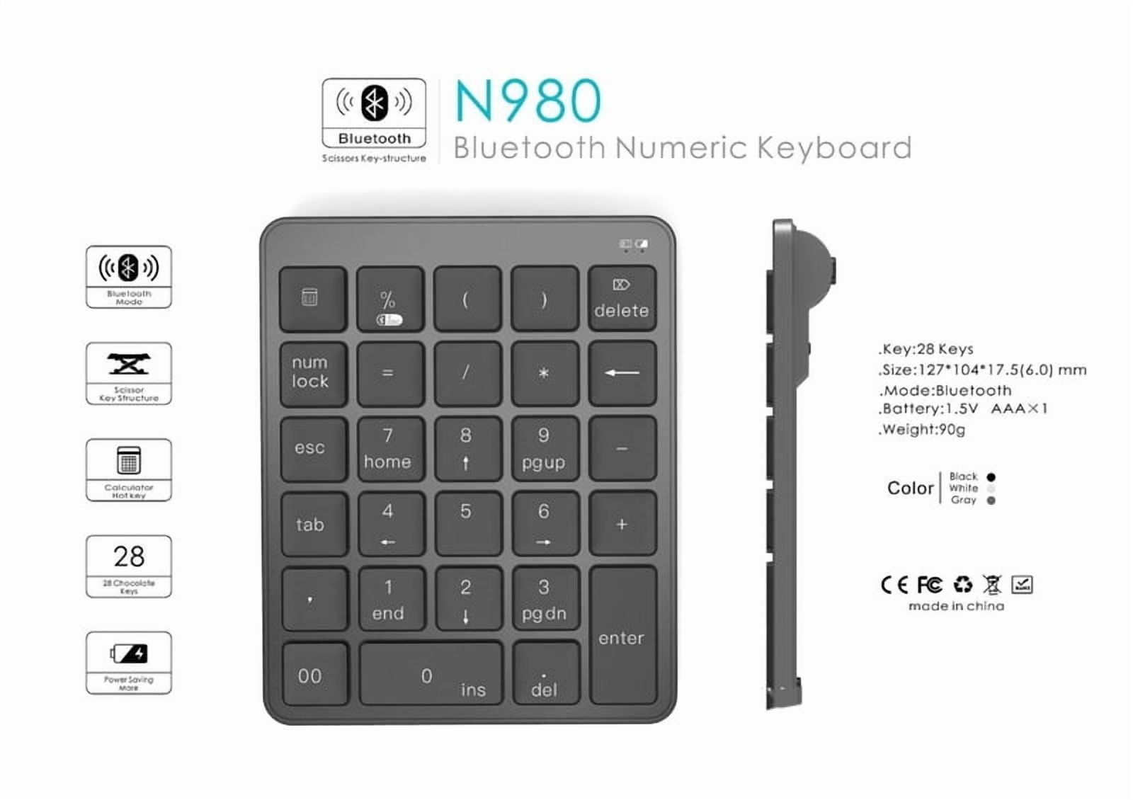 Numeric Keypad Numpad Bluetooth Wireless Keyboard 28 Keys One Handed Keypad Finance Accounting External Mini Keyboard N960 N970