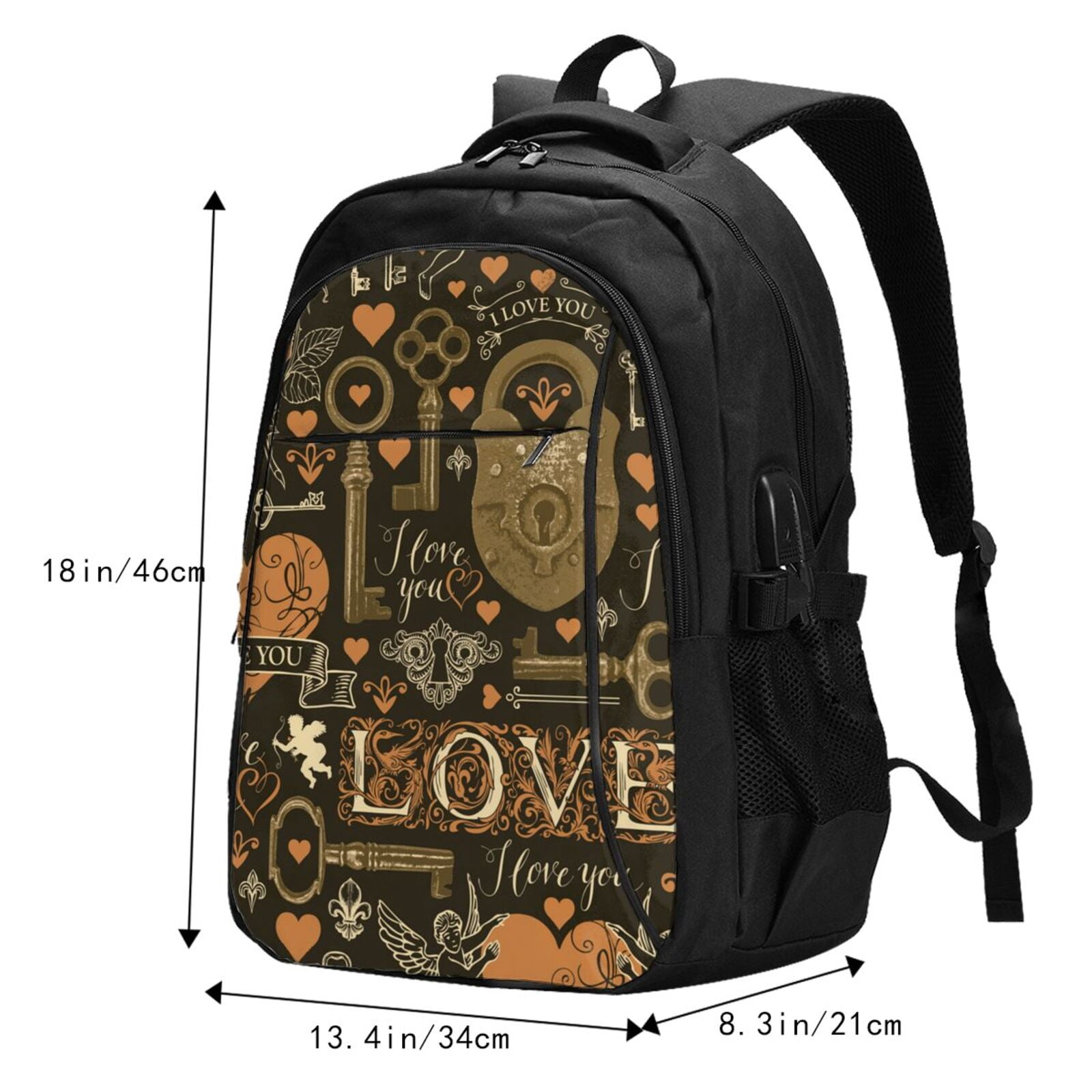 Love Hearts Old Keys Vintage Laptop Backpack with USB Charging Headphone Port Casual Daypack Bag College Business Travel