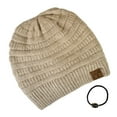 thumbnail image 3 of C.C Unisex Chunky Soft Stretch Cable Knit Warm Fuzzy Lined Skully Beanie, Heather Beige with Hair Tie, 3 of 5