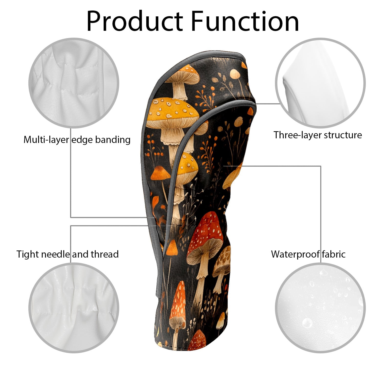 Golf Club Covers PU Leather Waterproof Head Covers for Fairway Woods Hybrids Cute Mushrooms Unisex Fits Most Brands