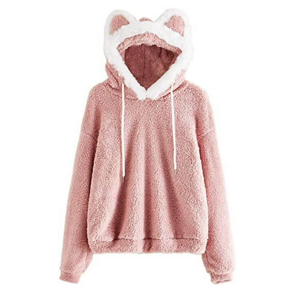 Aqestyerly Women'S Hooded Cardigans Ladies Fashion Casual Winter Solid Color Hooded Ears Loose Casual Plush Sweater top
