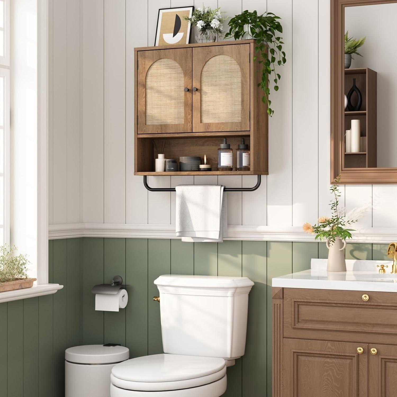 Rattan Bathroom Wall Cabinet,  Medicine Cabinet with 2 Arched Doors, Farmhouse Over The Toilet Storage Cabinets with Adjustable Shelves & Towel Bar, 3-Tier Wall Mounted Cabinets