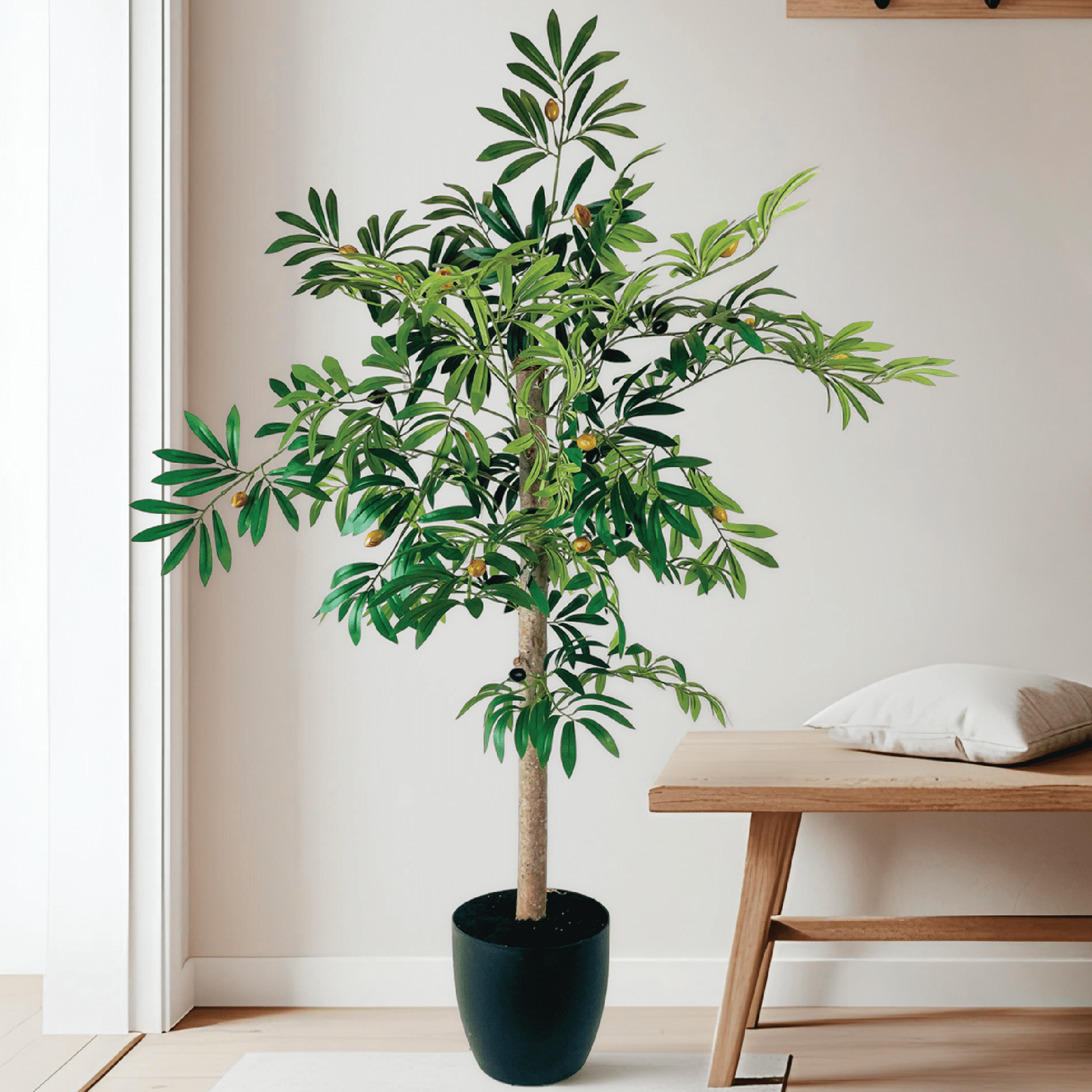 4ft Artificial Olive Tree in Black Growers Pot by LCG Florals, Fake Indoor Faux Tree for Living Room, Office, and Home Decor