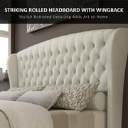 VanAcc King Size Platform Bed Frame, Chenille Upholstered Sleigh Bed Frame with Scroll Wingback Headboard & Footboard/Button Tufted/Cream