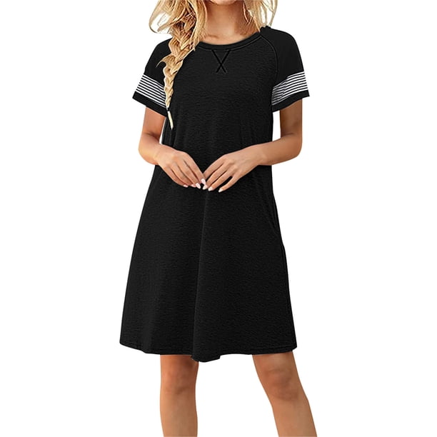 Vestido liso de manga corta con cuello redondo y estampado a rayas informal para mujer a la moda Pompotops ghjkhdj14162