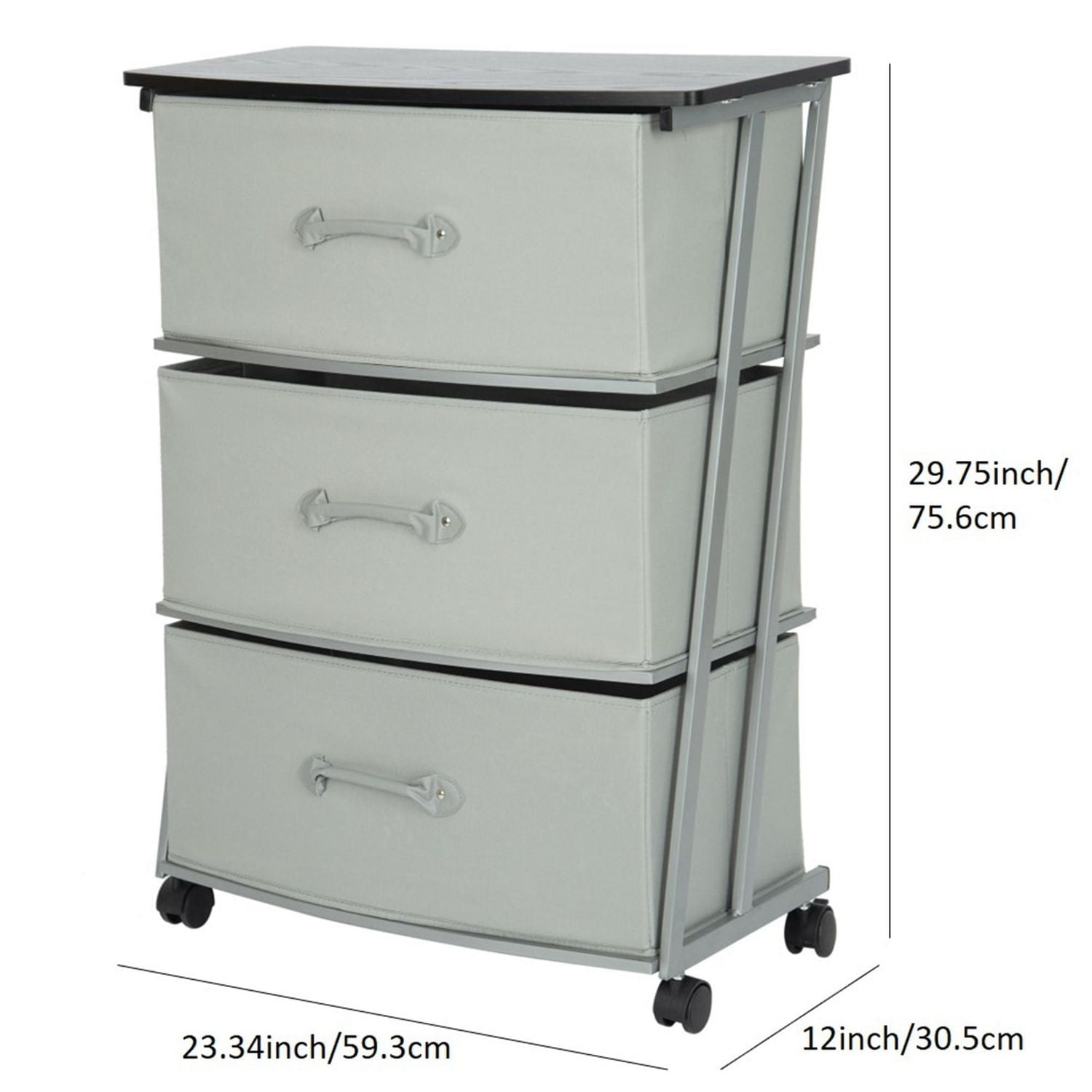 Mainstays 3 Drawer Wide Fabric Cart with Wheels for Adult,  Metal Frame for Bedroom, Closet, Entryway Etc., Size:23.3 in. W x 12 in. D x 29.8 in. H; Grey drawer with black wood top