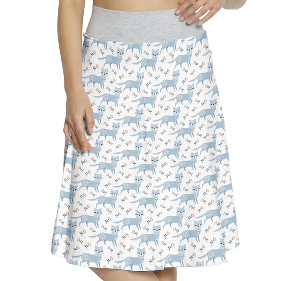 Women's Animals Blue Ornamental Cat Pattern A-line Printed Skirt Casual Wear, XL, Blue Grey Peach White, by Ambesonne