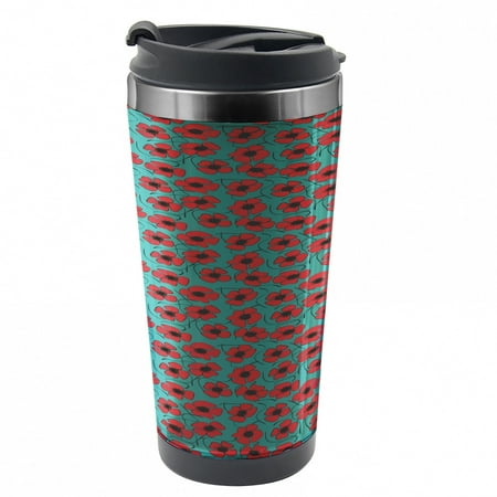

Poppy Travel Mug Swirls on Teal Background Steel Thermal Cup 16 oz by Ambesonne