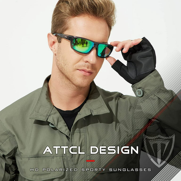 ATTCL Male Polarized Wrap Sunglasses for Men Sports Fishing Glasses 5001  Clear+Green