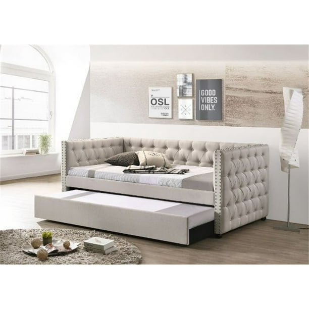 Upholstered Daybed With Trundle Solid Wood Full Size Frame Nailhead Trims On Tufted Sofa Bed Slats Support Dual Use Platform No Box Spring Needed Beige On Tufted Sofa Bed Daybed, Upholstered Daybed Sofa Bed Frame Full Size