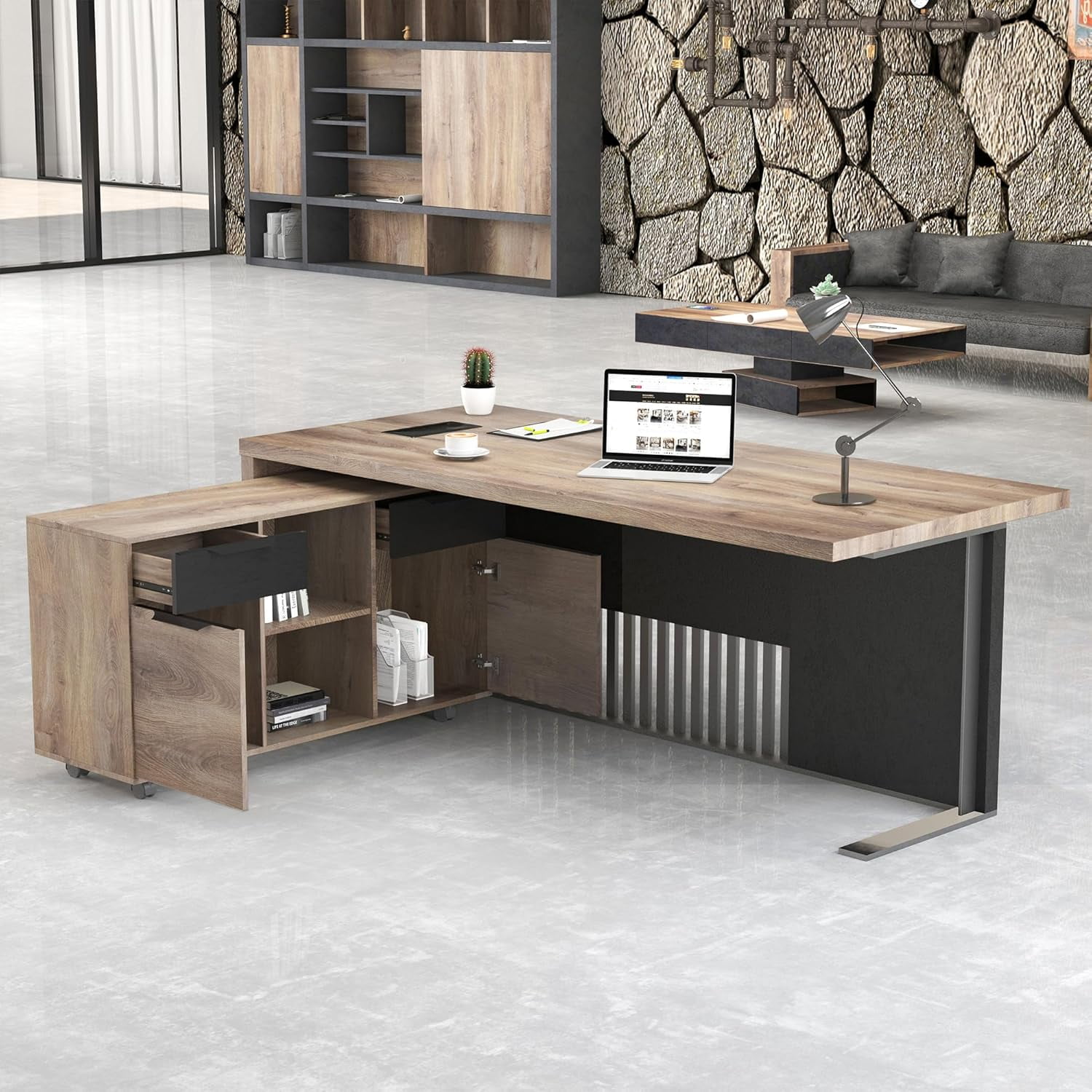 70.87 inch L Shaped Executive Desk with Cable Box 2 Drawers File Cabinets Storage(Left )