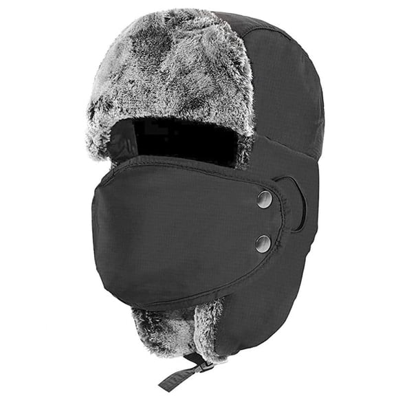 Okli_Rsoe Unisex Winter Trapper Hat, Waterproof Warm Faux Fur Ski Cap with Mask, Black