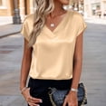 thumbnail image 2 of Women Silk Satin Tops Cap Short Sleeve Blouse V Neck Shirts Solid Color Business Casual Outfits Beige 2XL, 2 of 5