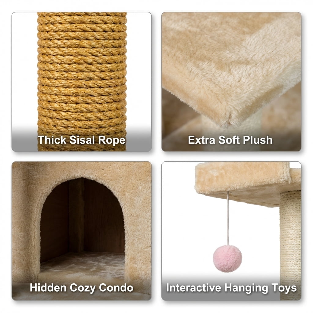 Multi-Level Cat Tree Tower with Sisal Scratching Posts, 2 Condos, Plush Fabric, Beige, 74 Inches Tall
