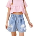 thumbnail image 3 of Glisme Girls Shorts Denim Shorts With Bow Flower Decorations Stretchy Elastic Waist Casual Summer Shorts For Toddler Kids Lightweight And Breathable Dark Blue Shorts Size 6-7 Years, 3 of 6