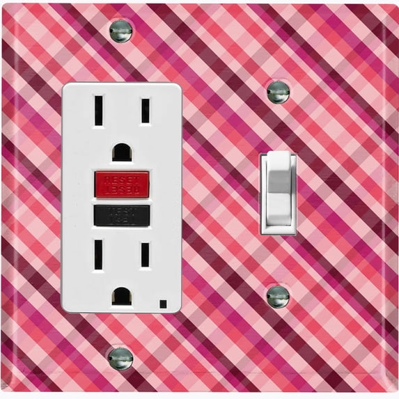 Metal Light Switch Plate Outlet Cover Vintage Red Pink Plaid Pattern WAL035