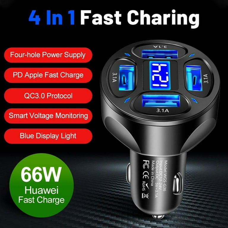 66W 4Port USB A+USB C Fast Charging Car Phone Charger Cigarette